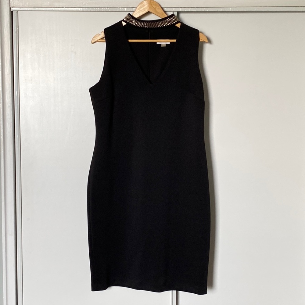 Calvin Klein black sheath dress with gold neck accent